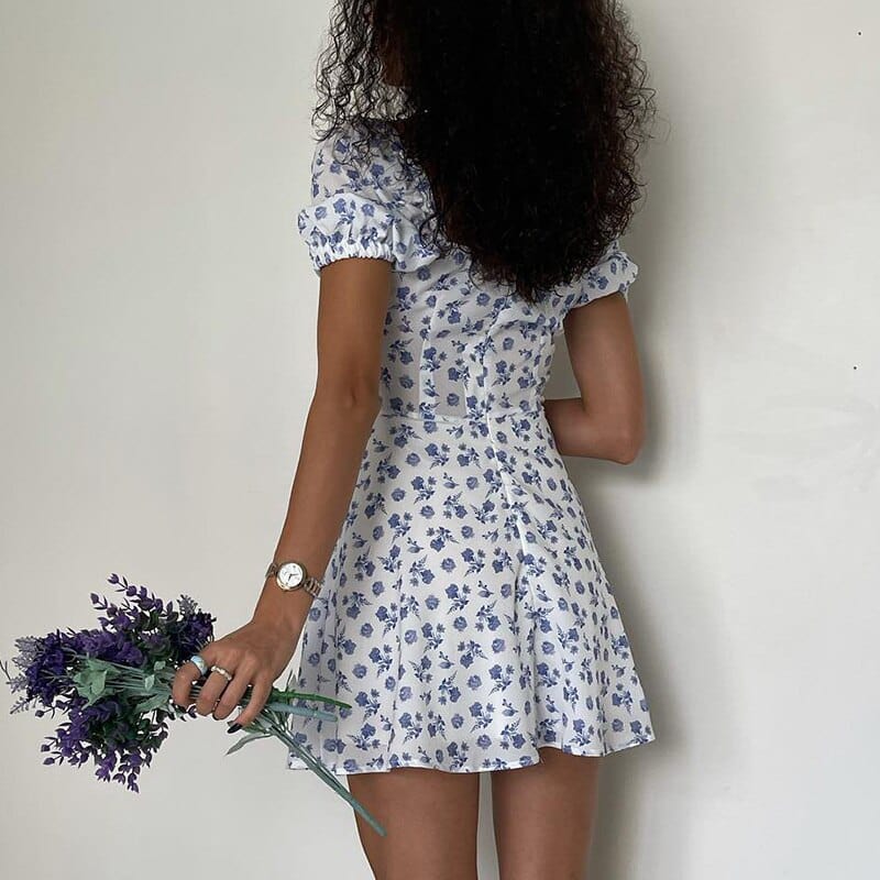 Ava™ - Short White Summer Dress With Boho Floral Print