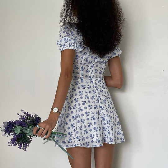 Ava™ - Short White Summer Dress With Boho Floral Print
